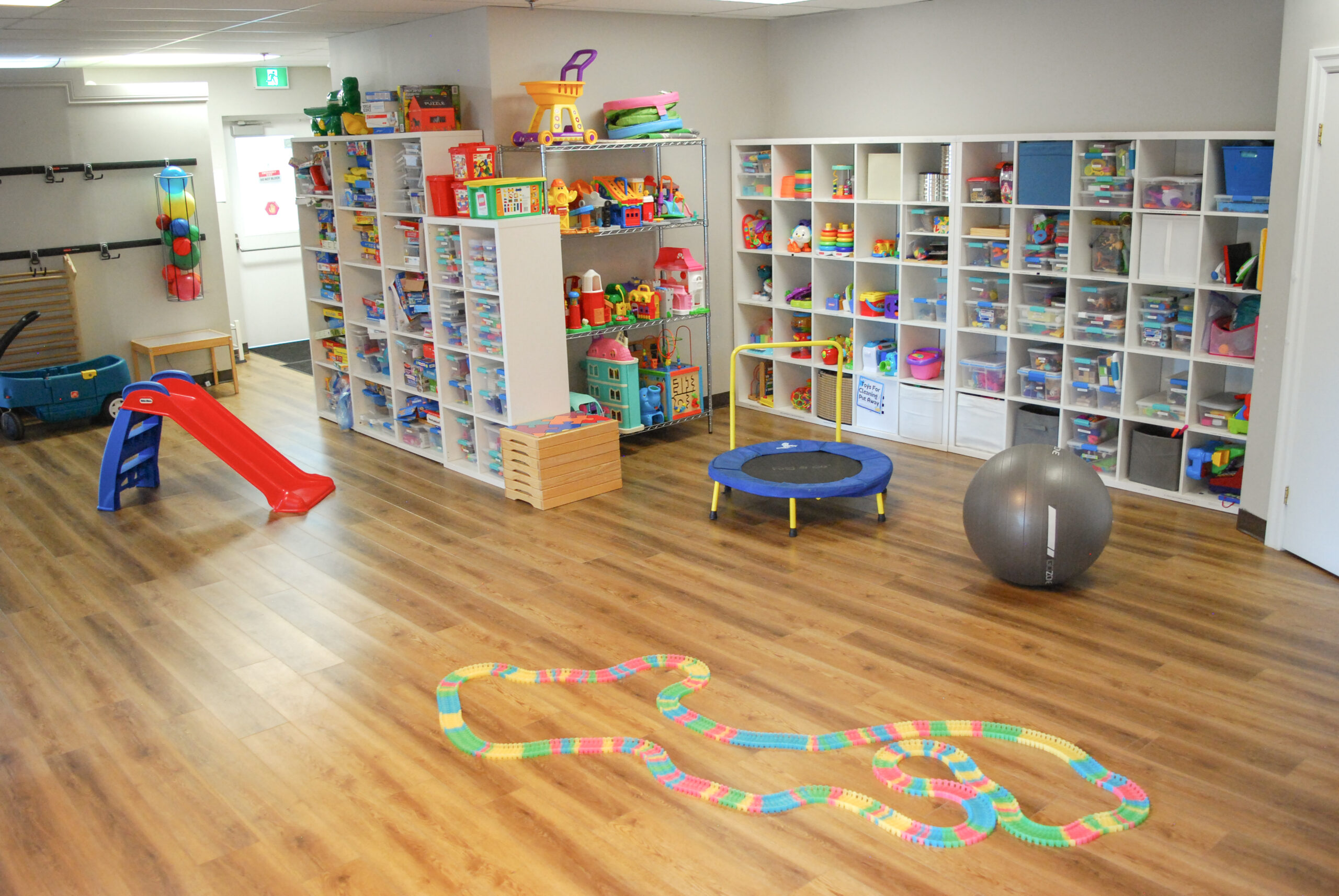 Playroom with slide, car tracks, trampoline, exercise ball and shelves of toys and games