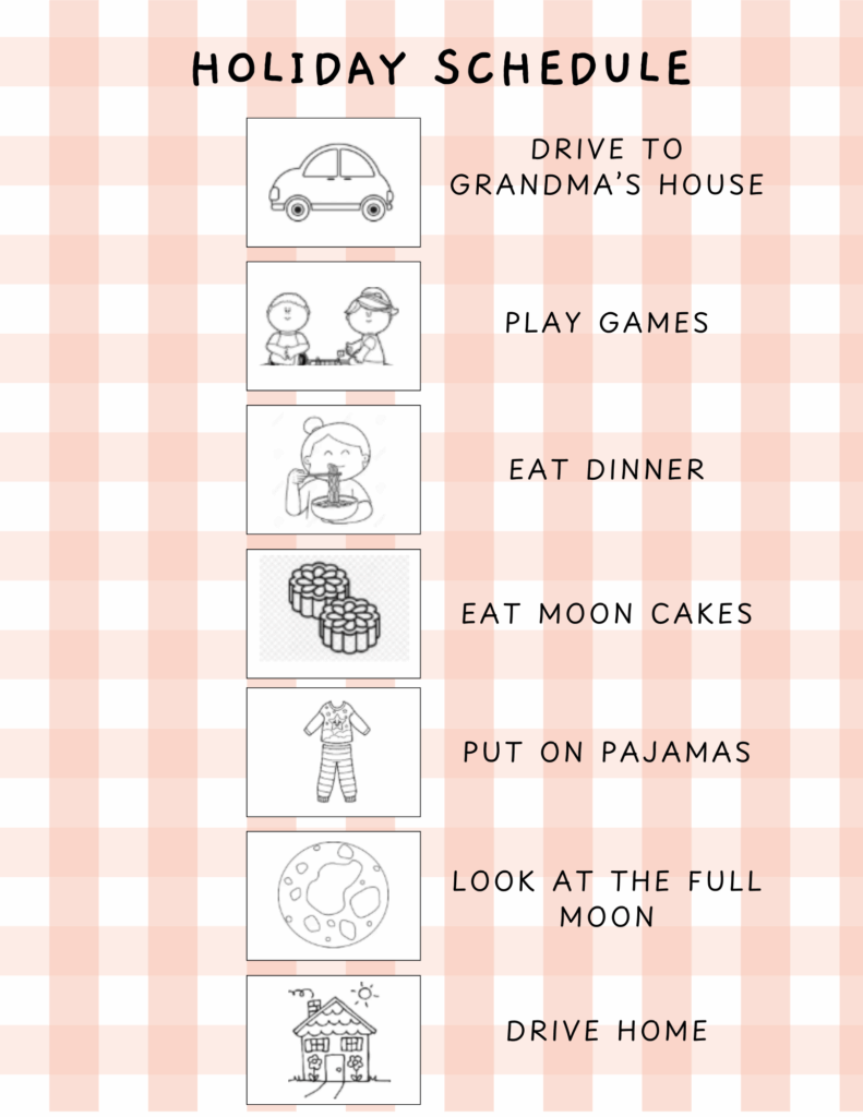 Sample visual schedule of a family celebration.