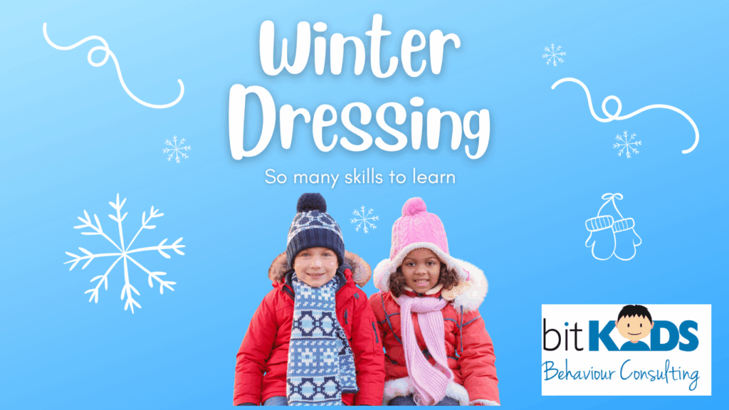 Two children dressed in winter coats, hats and scarves under the title winter dressing.