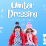 Two children dressed in winter coats, hats and scarves under the title winter dressing.